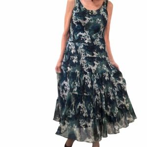 Christopher Banks Floral Teal Blue Flounce Dress